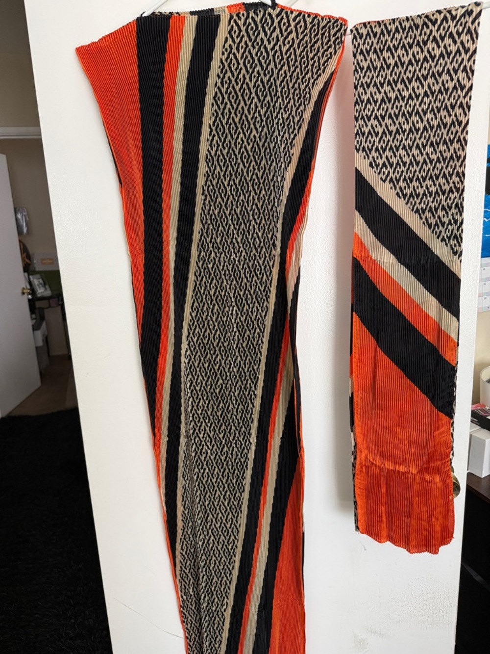 Striped Pleated Maxi Dress with Scarf or Wrap in Orange, Black & Cream